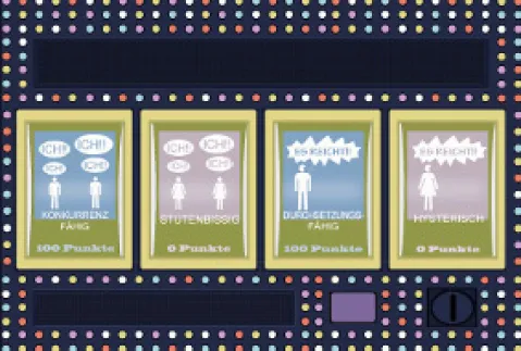 Grafik eines Spielautomaten mit farbigen Lichtern und vier Textfeldern.