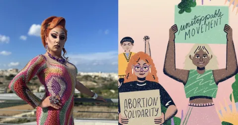 Drag-Künstler in buntem Kleid posiert im Freien; daneben Illustration mit drei Aktivisten.