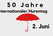 red umbrella with the text internationaler hurentag