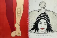 Grafik: Linkes Bein mit Strichliste. Rechts Frau unter Glasglocke mit "Kein Zierfisch!!!".
