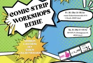 Comic-Strip-Workshops mit bunten Sprechblasen und Veranstaltungsdetails.