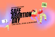 Buntes Plakat für Safe Abortion Day in Linz, 26.-28.09.2025, mit tanzenden Figuren.