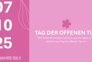07.10.25 Tag der offenen Tür, 40 Jahre Bily, rosa Hintergrund mit Logo