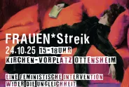 Frau in schwarzer Kleidung liegt auf rotem Sofa, hält Buch. Text: FRAUEN*Streik, Termininfo.