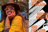 Frau mit Hut und Brille lächelnd, Text "Cinema Africain - Archiving Resistance and Freedom" daneben.