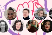 Grafik mit acht Frauenporträts vor feministischem Hintergrund aus Megafon und Faust.