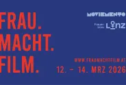 Frau.Macht.Film. 12.-14. März 2026, blaue Hintergrund, rote Schrift.
