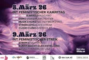 8. März Veranstaltungen, feministische Aktionen, lila Hintergrund, Logos unten.