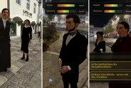 Virtuelle Figuren in historischer Kleidung in einer nächtlichen Stadtumgebung mit Dialogoptionen.