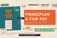Finanzplan & Fair Pay Workshop-Ankündigung, bunte Grafik mit Person und Text.