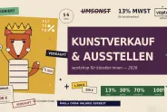 Kunstverkauf-Werbung mit Fuchs-Illustration und Infotexten zu Preisen und Workshops.