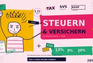 Grafik: Bunte Zeichnung einer Person mit Krone, Text "Steuern & Versichern".