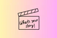 Filmklappe mit "What's your story?" auf pastellfarbenem Hintergrund.