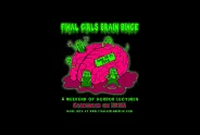 Final Girls Logo: Grüne Monster umgeben ein pinkes Gehirn mit grüner Schrift auf schwarzem Hintergrund.