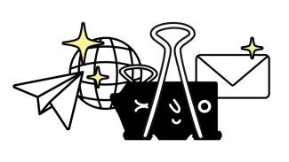 Büroklammer, Globus, Brief, Papierflieger; Cartoon-Stil mit Glanz.