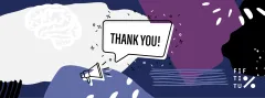 Grafik mit Megafon und Sprechblase "Thank you!" auf buntem Hintergrund.