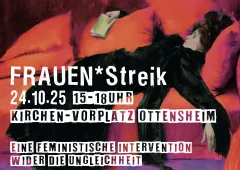 Frau in schwarzer Kleidung liegt auf rotem Sofa, hält Buch. Text: FRAUEN*Streik, Termininfo.