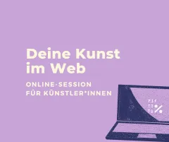 Lila Grafik mit Text: "Deine Kunst im Web". Laptop im unteren Bereich.