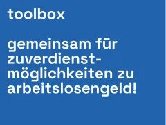 Logo mit weißem Text auf blauem Hintergrund: "toolbox, gemeinsam für Zuverdienstmöglichkeiten."