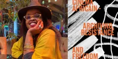 Frau mit Hut und Brille lächelnd, Text "Cinema Africain - Archiving Resistance and Freedom" daneben.