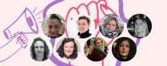Grafik mit acht Frauenporträts vor feministischem Hintergrund aus Megafon und Faust.