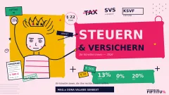 Grafik: Bunte Zeichnung einer Person mit Krone, Text "Steuern & Versichern".