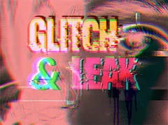 Glitch-Text in grellen Farben vor Augenmotiv, verzerrt und digital.