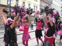 Menschen in pinker Kleidung jubeln auf einer Straße.