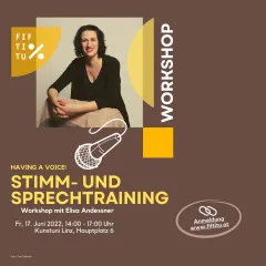 Workshop-Poster mit Frau, Mikrofon-Illustration, Datum und Veranstaltungsort.