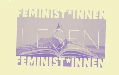 Lila Grafik mit Buch und Text "Feminist*innen lesen".