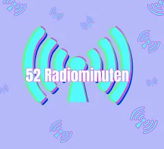 Grafik: Türkis-lila Funkwellensymbol mit Text "52 Radiominuten".