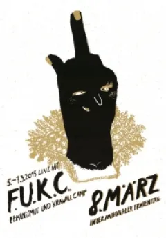 Plakat mit schwarzem Handsymbol, goldenen Blumen und Text.