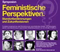 Lila Plakat mit Porträtfotos und Text zu feministischen Perspektiven.