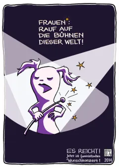 Grafik einer Figur mit Mikrofon, lila Bühne, Lichter und Sterne.