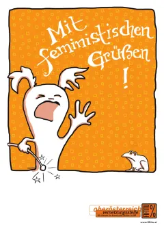 Comic-Figur mit aufgeregtem Gesichtsausdruck auf orangefarbenem Hintergrund.