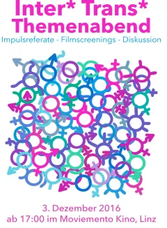 Bunte Gender-Symbole auf weißem Hintergrund, Text oben und unten.