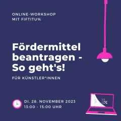 Online-Workshop-Werbung mit Lampe und Laptop-Symbolen, 28. November 2023, 13:00–15:00 Uhr.