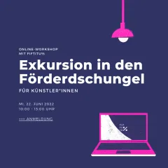 Online-Workshop-Ankündigung, rosa Schrift und Laptop auf dunkelblauem Hintergrund.