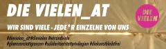 Goldenes Banner mit rosa Logo "DIE VIELEN" und Text über Vielfalt.