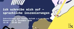 Bunte Grafikkollage mit Hand, Stift und Schriftzug.