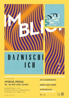 Grafik mit Schriftzug "Im Blick", wellenförmiges Muster, blauer Textblock, gelber Hintergrund.