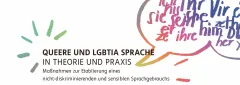 Banner mit bunten Sprechblasen und Text zu queerer und LGBTIQ+ Sprache.
