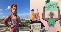 Drag-Künstler in buntem Kleid posiert im Freien; daneben Illustration mit drei Aktivisten.
