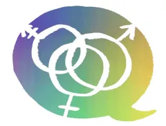 Drei ineinander verschlungene Geschlechtersymbole auf regenbogenfarbenem Hintergrund.