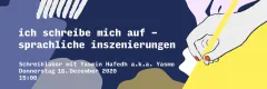 Schreibworkshop-Poster mit Hand, Stift und Text auf buntem Hintergrund.
